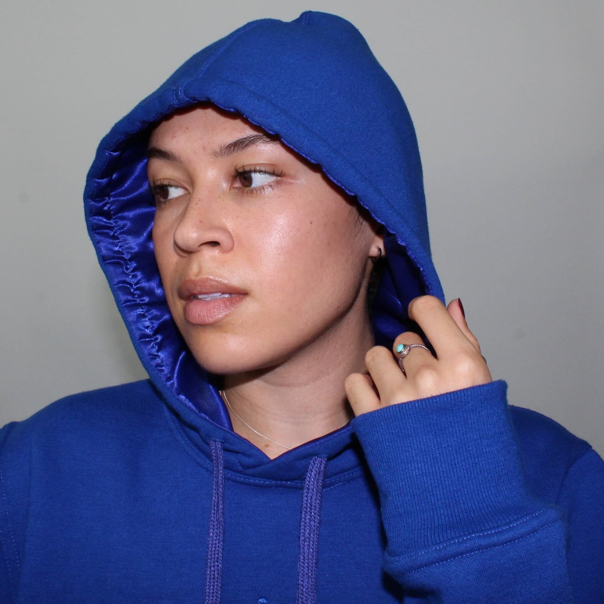 Blue Satin Lined Hoodie reduce frizz breakage dryness Miae