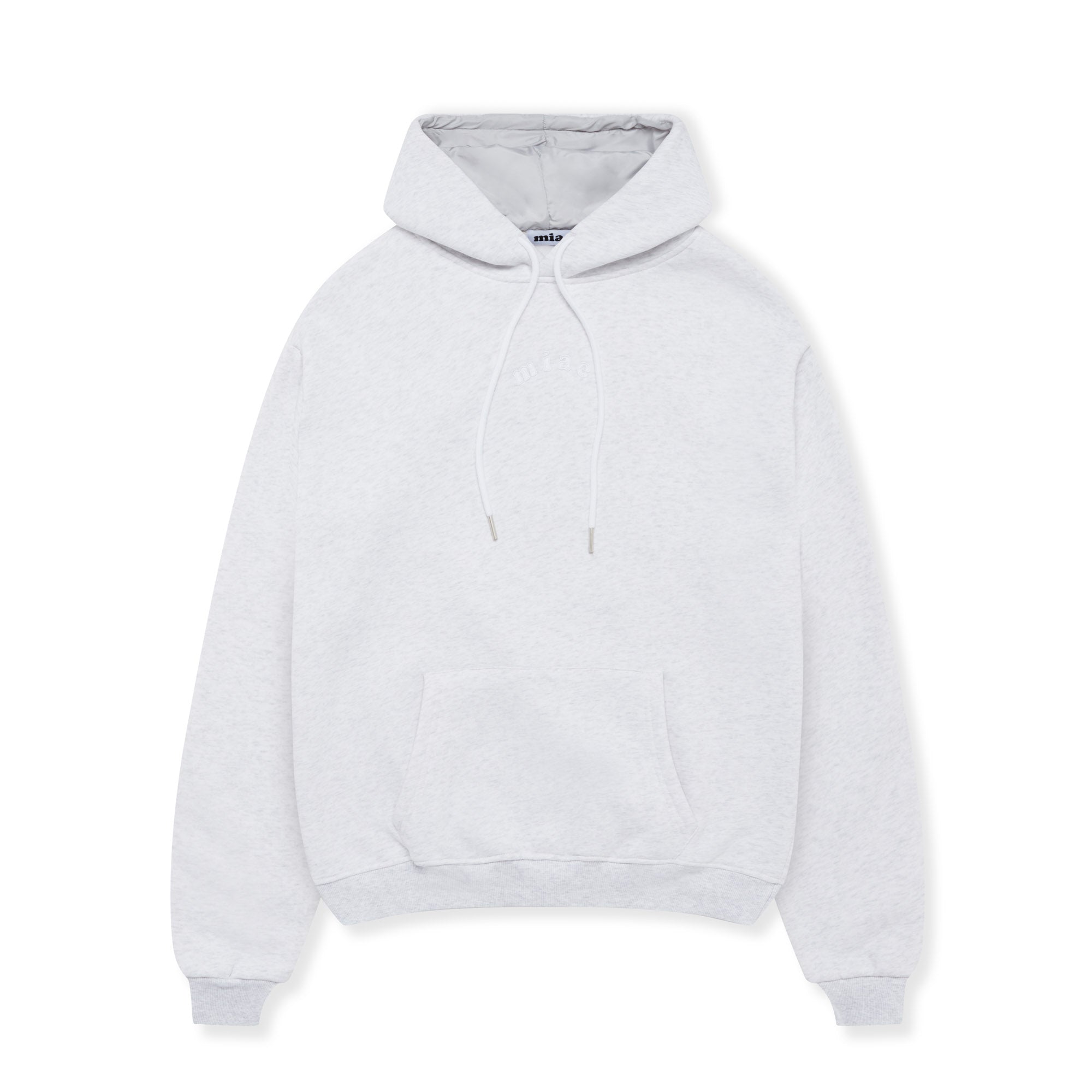 Flat lay of the Miae Light Grey Marl Satin-Lined Hoodie, featuring a soft fleece fabric with a satin-lined hood for frizz protection and smooth hair.
