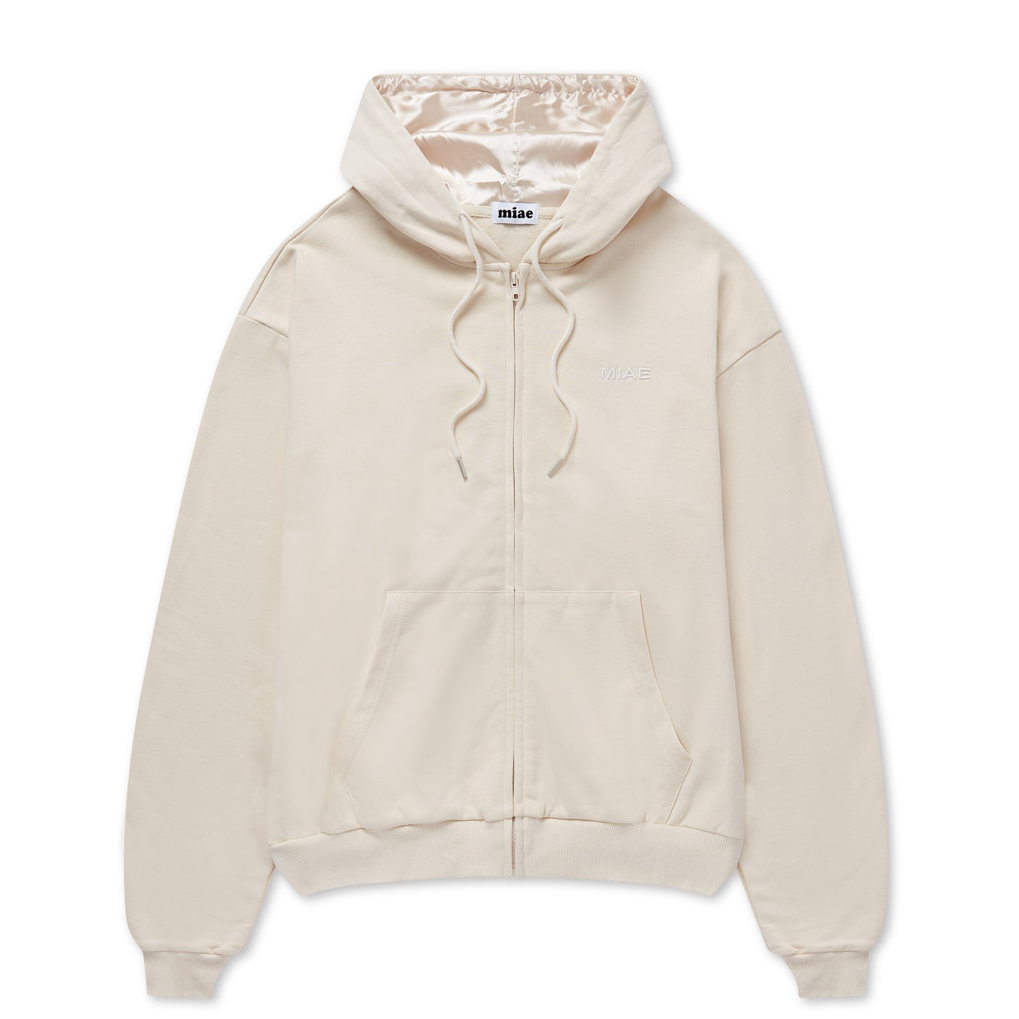 Flat lay of the Miae Beige Satin-Lined Zip Hoodie, featuring a soft cotton body and protective satin-lined hood for curly and textured hair