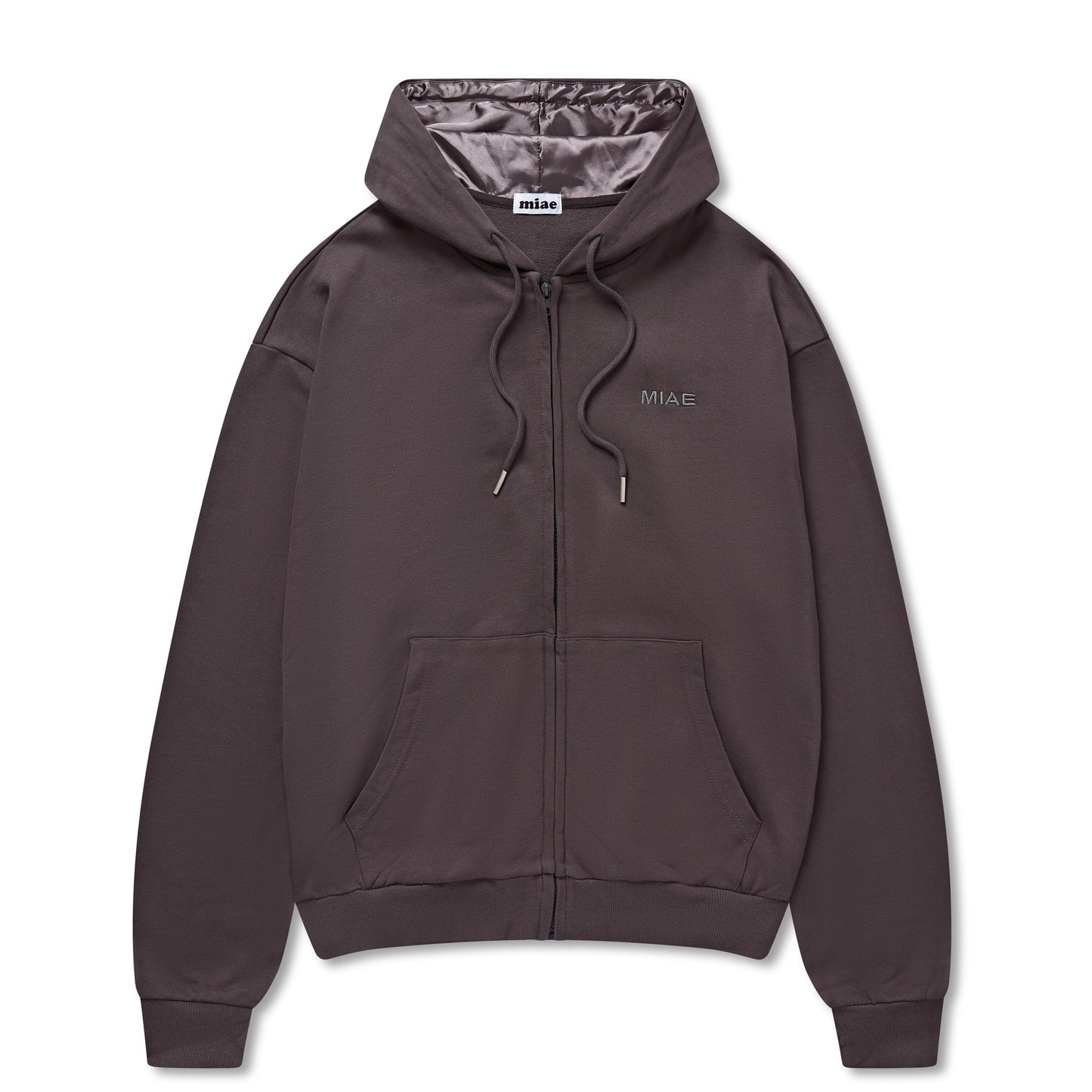 Flat lay of the Miae Charcoal Satin-Lined Zip Hoodie, showcasing the deep neutral tone and satin-lined hood that protects curly and natural hair