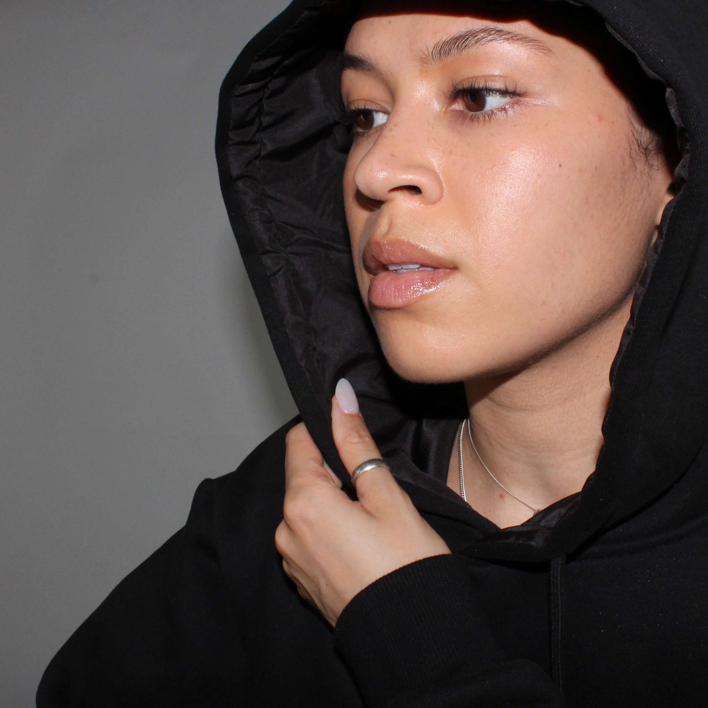 Miae Black Satin Lined Hoodie, Close Up