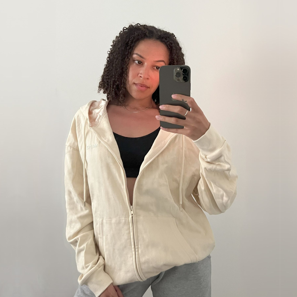 Satin Lined Zip Up Hoodie - Beige
