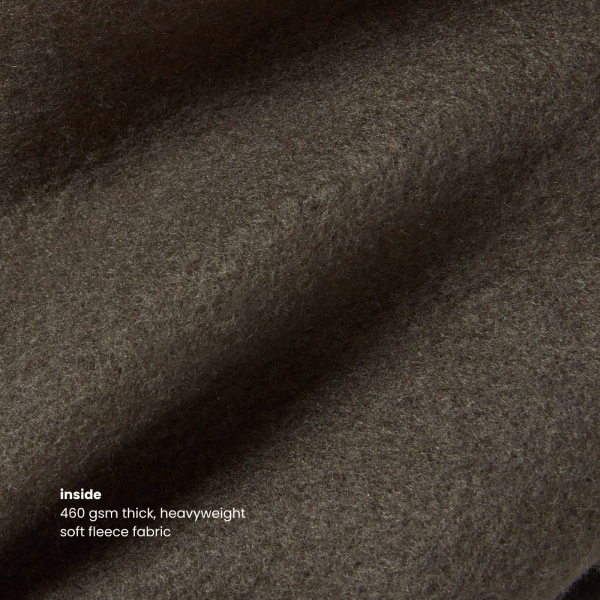 Close-up of the Miae Dark Khaki Hoodie fabric, made from 460gsm thick, heavyweight soft fleece for ultimate warmth and comfort.