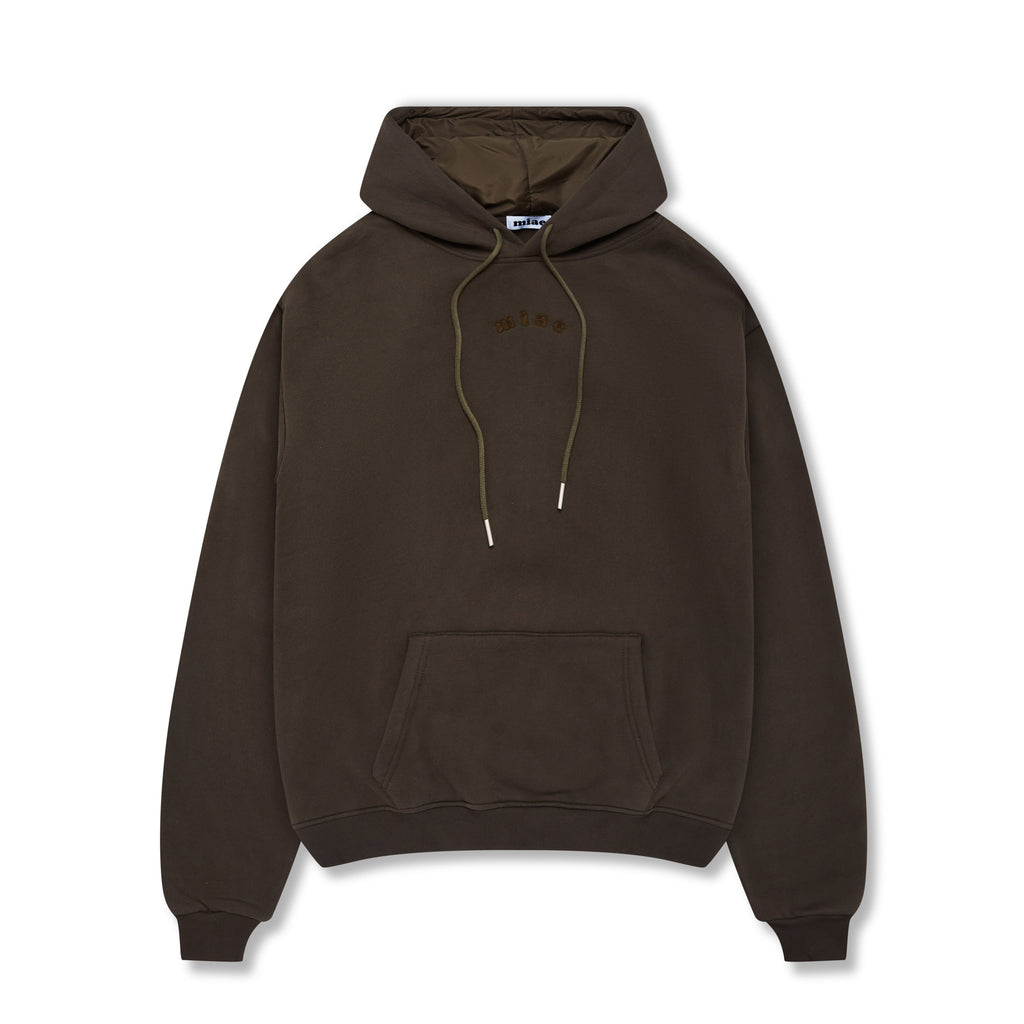 Flat lay of the Miae Dark Khaki Satin-Lined Hoodie, featuring a soft, heavyweight fabric with a satin-lined hood that reduces frizz and breakage.