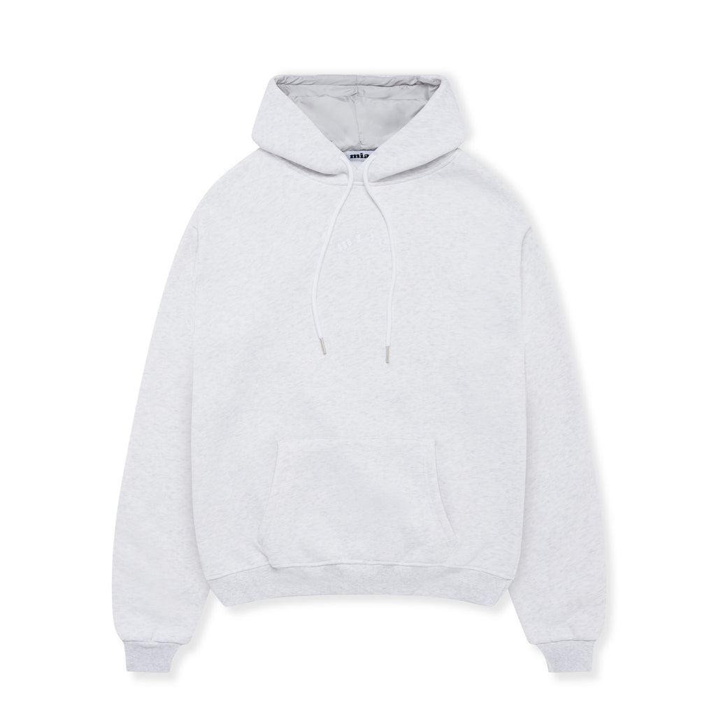 Flat lay of the Miae Light Grey Marl Satin-Lined Hoodie, featuring a soft fleece fabric with a satin-lined hood for frizz protection and smooth hair.