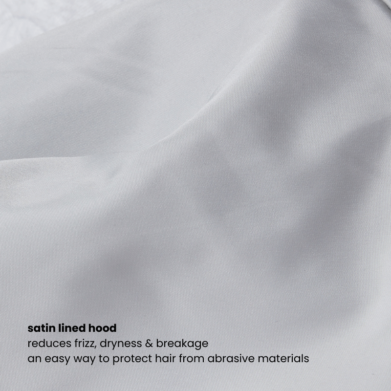 Close-up of the satin-lined hood of the Miae Light Grey Marl Hoodie, designed to protect hair from breakage, dryness, and frizz.