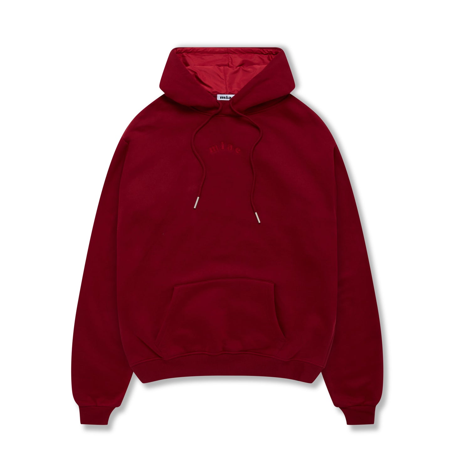 Flat lay of the Miae Maroon Satin-Lined Hoodie, featuring a satin-lined hood that helps protect hair from frizz, breakage, and dryness.