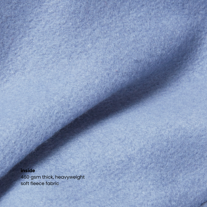 Close-up of the 460gsm thick fleece fabric of the Miae Washed Blue Hoodie, providing warmth and softness with a heavyweight feel.