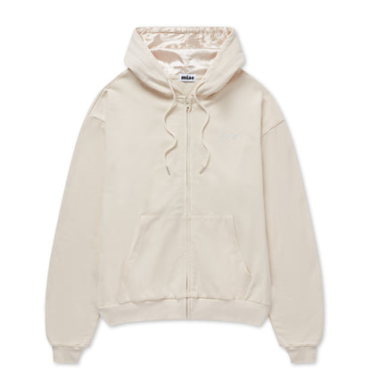 Flat lay of the Miae Beige Satin-Lined Zip Hoodie, featuring a soft cotton body and protective satin-lined hood for curly and textured hair