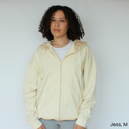 Model wearing the Miae Beige Satin-Lined Zip Hoodie, showing a casual fit with a curl-friendly satin-lined hood